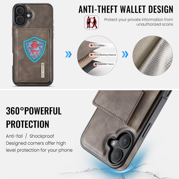 For iPhone 16 Plus DG.MING M6 Series RFID Tri-fold Card Bag Removable Leather Phone Case(Coffee)