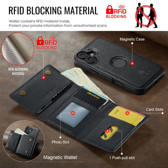 For iPhone 16 DG.MING M6 Series RFID Tri-fold Card Bag Removable Leather Phone Case(Black)