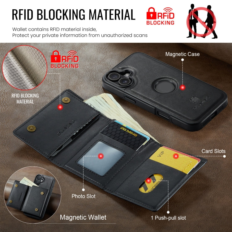 For iPhone 16 DG.MING M6 Series RFID Tri-fold Card Bag Removable Leather Phone Case(Black)