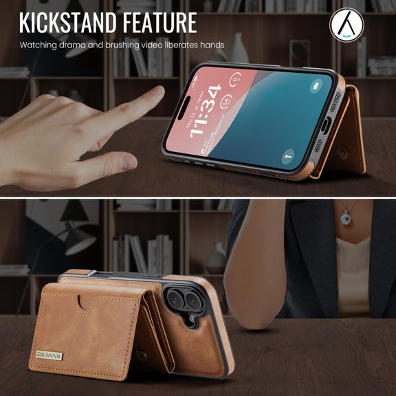 For iPhone 16 DG.MING M6 Series RFID Tri-fold Card Bag Removable Leather Phone Case(Brown)
