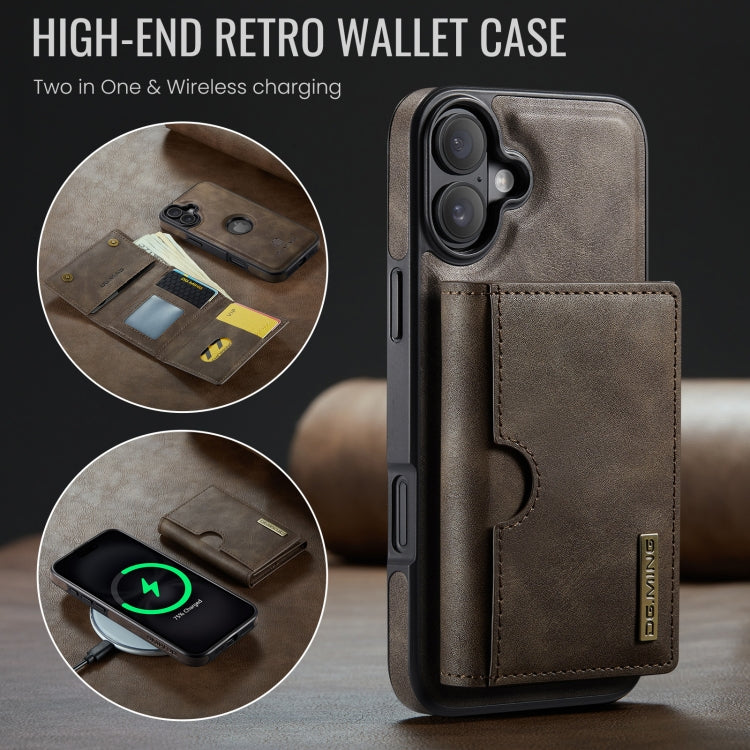 For iPhone 16 DG.MING M6 Series RFID Tri-fold Card Bag Removable Leather Phone Case(Coffee)