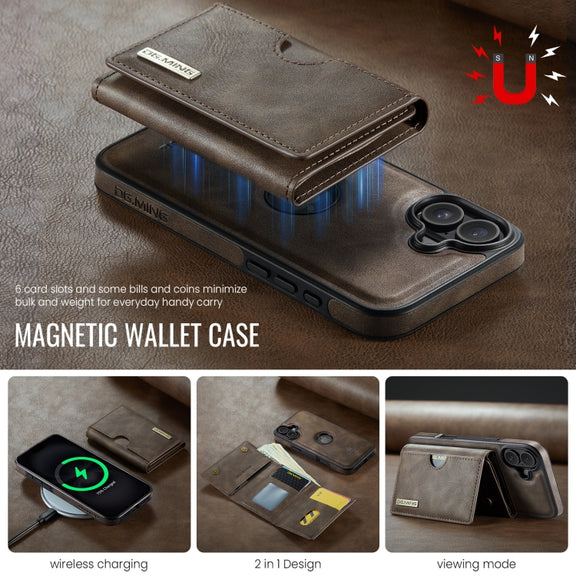 For iPhone 16 DG.MING M6 Series RFID Tri-fold Card Bag Removable Leather Phone Case(Coffee)