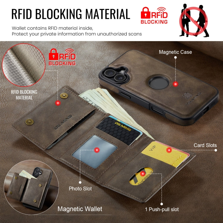 For iPhone 16 DG.MING M6 Series RFID Tri-fold Card Bag Removable Leather Phone Case(Coffee)