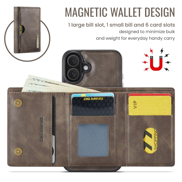 For iPhone 16 DG.MING M6 Series RFID Tri-fold Card Bag Removable Leather Phone Case(Coffee)