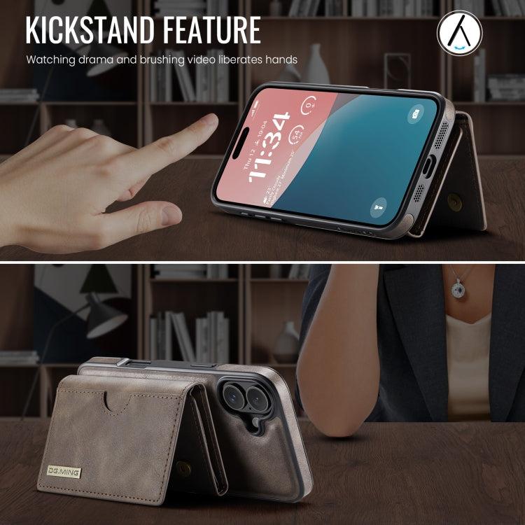 For iPhone 16 DG.MING M6 Series RFID Tri-fold Card Bag Removable Leather Phone Case(Coffee)