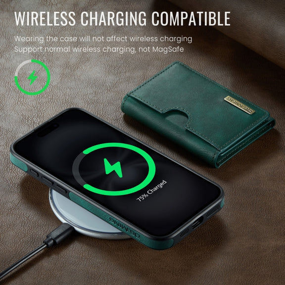 For iPhone 16 DG.MING M6 Series RFID Tri-fold Card Bag Removable Leather Phone Case(Green)