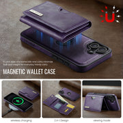 For iPhone 16 DG.MING M6 Series RFID Tri-fold Card Bag Removable Leather Phone Case(Purple)