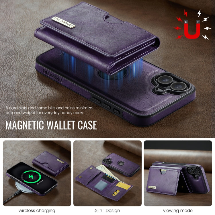 For iPhone 16 DG.MING M6 Series RFID Tri-fold Card Bag Removable Leather Phone Case(Purple)