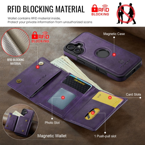 For iPhone 16 DG.MING M6 Series RFID Tri-fold Card Bag Removable Leather Phone Case(Purple)