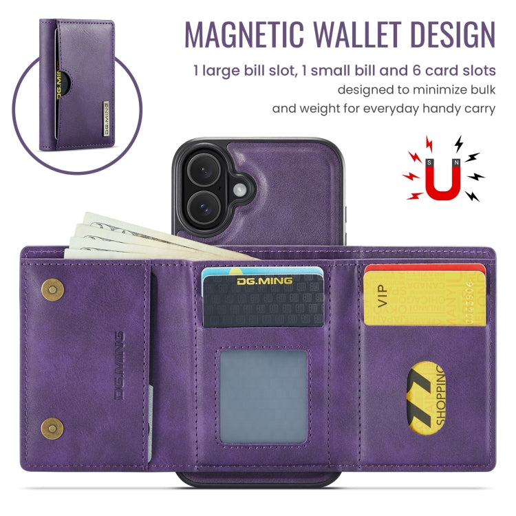 For iPhone 16 DG.MING M6 Series RFID Tri-fold Card Bag Removable Leather Phone Case(Purple)