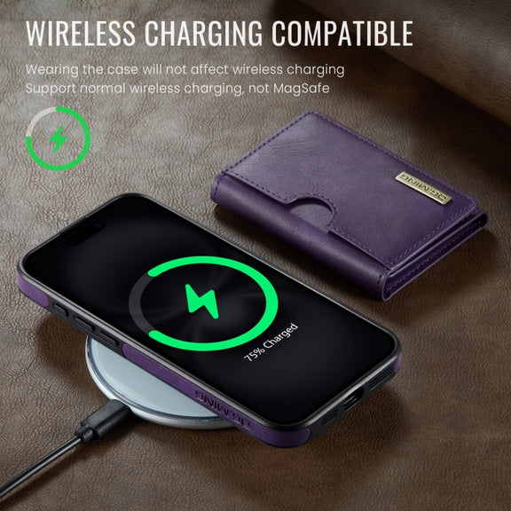 For iPhone 16 DG.MING M6 Series RFID Tri-fold Card Bag Removable Leather Phone Case(Purple)