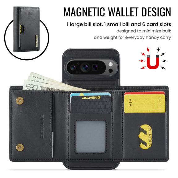 For Google Pixel 9 Pro XL DG.MING M6 Series RFID Tri-fold Card Bag Removable Leather Phone Case(Black)