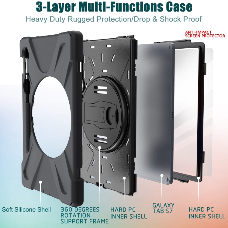 For Samsung Galaxy Tab S9 / Galaxy Tab S8 / Galaxy Tab S7 (2020) T870 Shockproof Colorful Silicone + PC Protective Case with Holder & Shoulder Strap & Hand Strap & Pen Slot(Black)