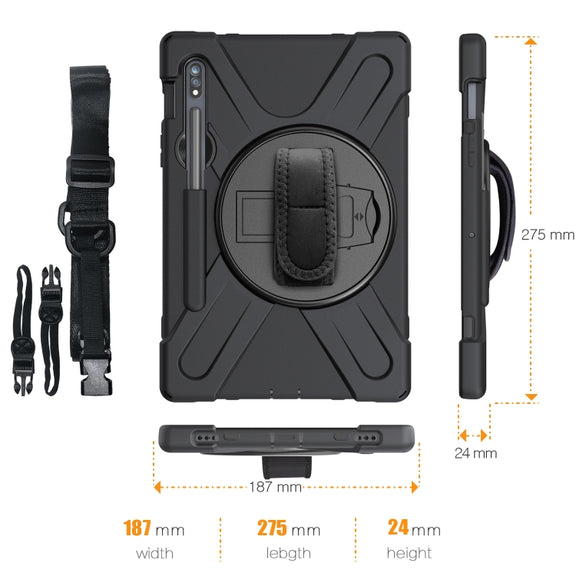For Samsung Galaxy Tab S9 / Galaxy Tab S8 / Galaxy Tab S7 (2020) T870 Shockproof Colorful Silicone + PC Protective Case with Holder & Shoulder Strap & Hand Strap & Pen Slot(Black)