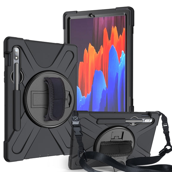 For Samsung Galaxy Tab S9 / Galaxy Tab S8 / Galaxy Tab S7 (2020) T870 Shockproof Colorful Silicone + PC Protective Case with Holder & Shoulder Strap & Hand Strap & Pen Slot(Black)