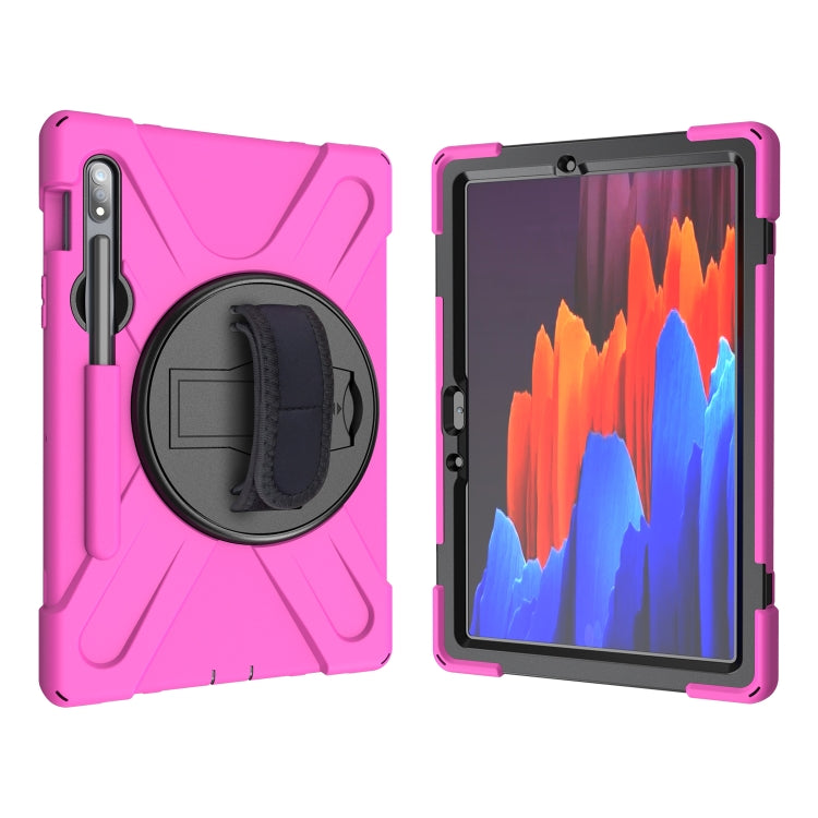 For Samsung Galaxy Tab S9 / Galaxy Tab S8 / Galaxy Tab S7 (2020) T870 Shockproof Colorful Silicone + PC Protective Case with Holder & Shoulder Strap & Hand Strap & Pen Slot(Rose Red)