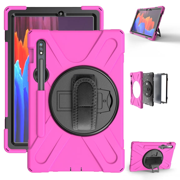 For Samsung Galaxy Tab S9 / Galaxy Tab S8 / Galaxy Tab S7 (2020) T870 Shockproof Colorful Silicone + PC Protective Case with Holder & Shoulder Strap & Hand Strap & Pen Slot(Rose Red)