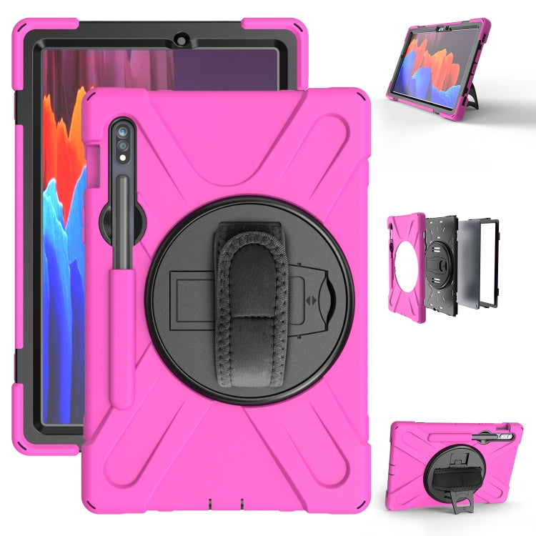 For Samsung Galaxy Tab S9 / Galaxy Tab S8 / Galaxy Tab S7 (2020) T870 Shockproof Colorful Silicone + PC Protective Case with Holder & Shoulder Strap & Hand Strap & Pen Slot(Rose Red)