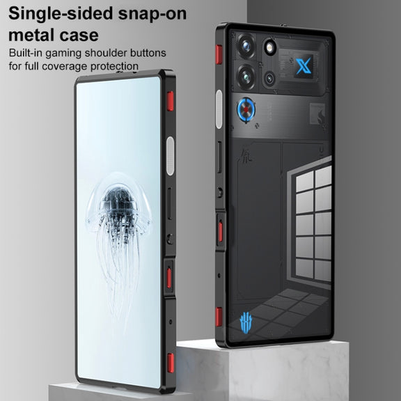 For ZTE nubia Red Magic 10 Pro / 10 Pro+ Snap Buckle Metal Frame Glass Back Panel Phone Case(Black)