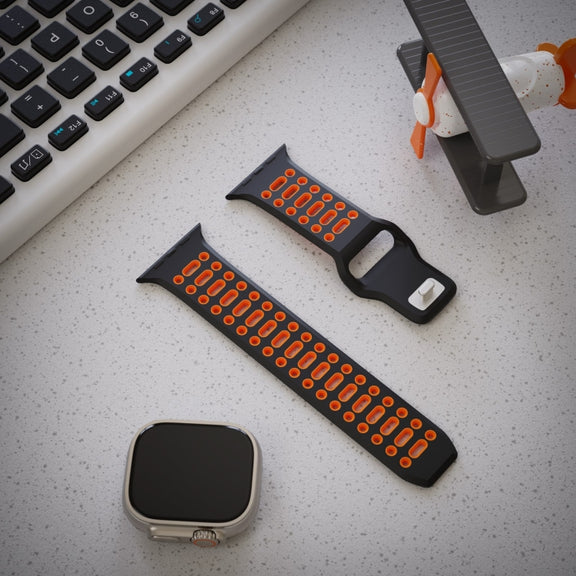 For Apple Watch 46mm / 49mm / 45mm / 44mm Single Nail Dual-Color Multi-hole Silicone Watch Band(Black Orange)