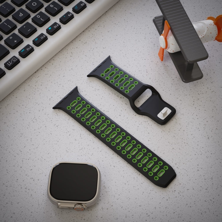For Apple Watch 46mm / 49mm / 45mm / 44mm Single Nail Dual-Color Multi-hole Silicone Watch Band(Black Green)