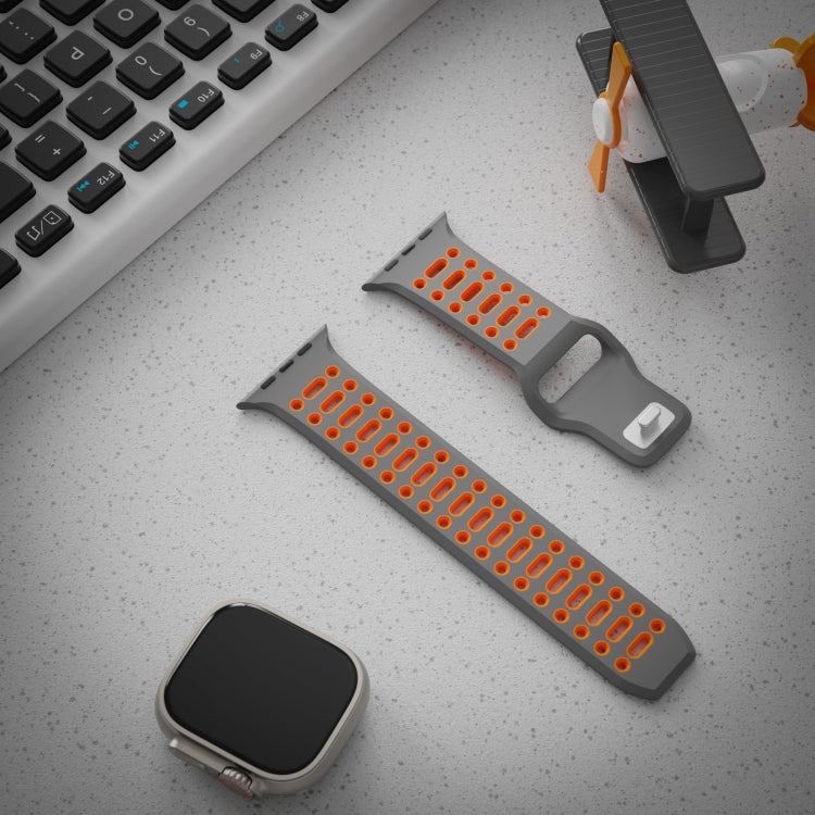 For Apple Watch 46mm / 49mm / 45mm / 44mm Single Nail Dual-Color Multi-hole Silicone Watch Band(Grey Orange)
