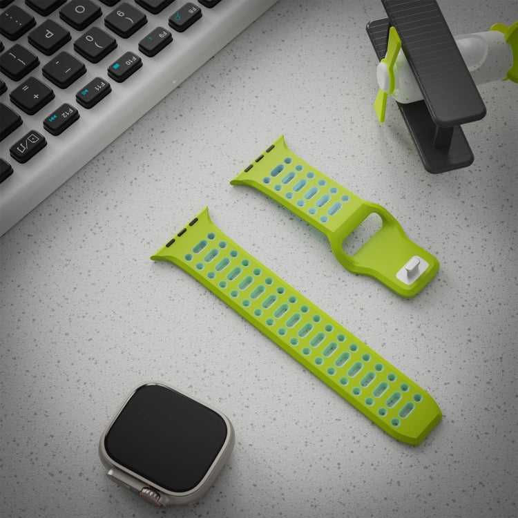 For Apple Watch 46mm / 49mm / 45mm / 44mm Single Nail Dual-Color Multi-hole Silicone Watch Band(Bright Green Luminous Green)