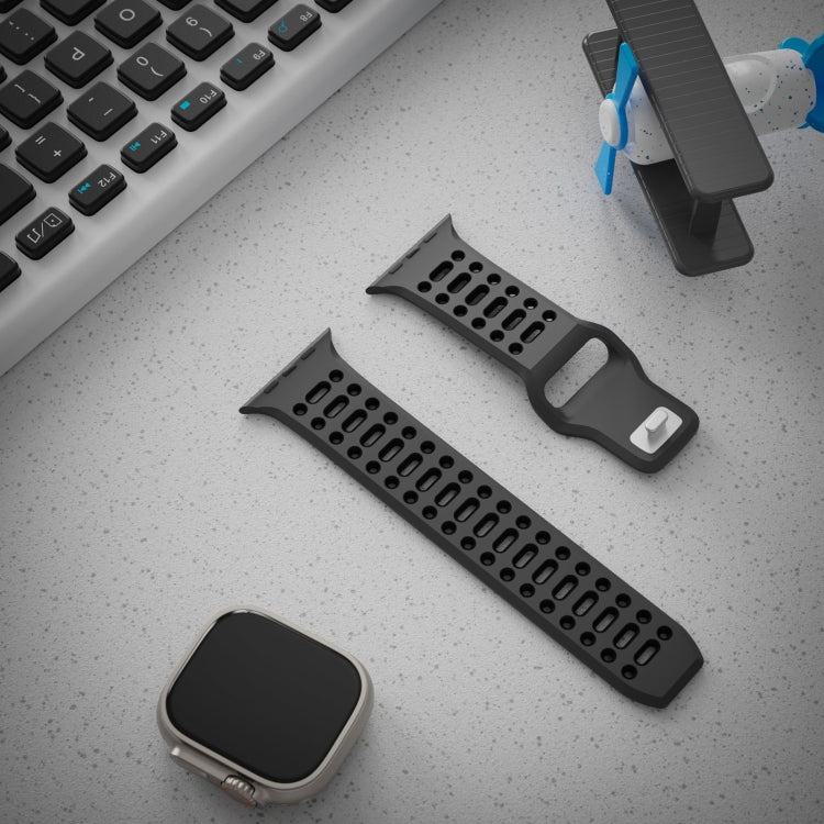 For Apple Watch 46mm / 49mm / 45mm / 44mm Single Nail Dual-Color Multi-hole Silicone Watch Band(Coal Grey Black)
