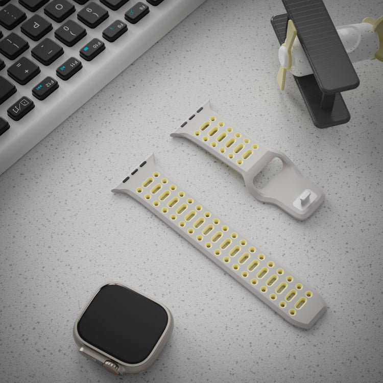 For Apple Watch 46mm / 49mm / 45mm / 44mm Single Nail Dual-Color Multi-hole Silicone Watch Band(Beige Clear Luminous)