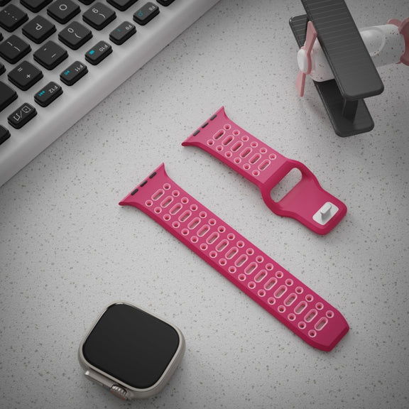 For Apple Watch 46mm / 49mm / 45mm / 44mm Single Nail Dual-Color Multi-hole Silicone Watch Band(Magenta Light Pink)