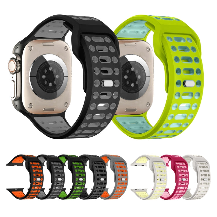 For Apple Watch 46mm / 49mm / 45mm / 44mm Single Nail Dual-Color Multi-hole Silicone Watch Band(Black Green)