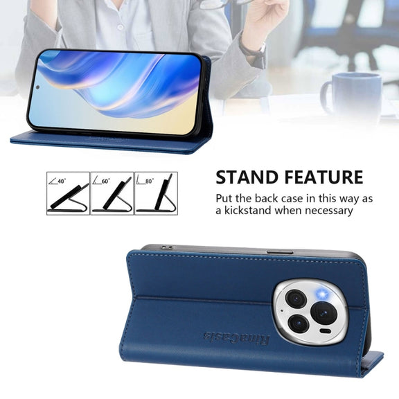 For Honor Magic6 Pro Global RC01 Dual-Folded Magnetic Suction RFID Leather Phone Case(Dark Blue)