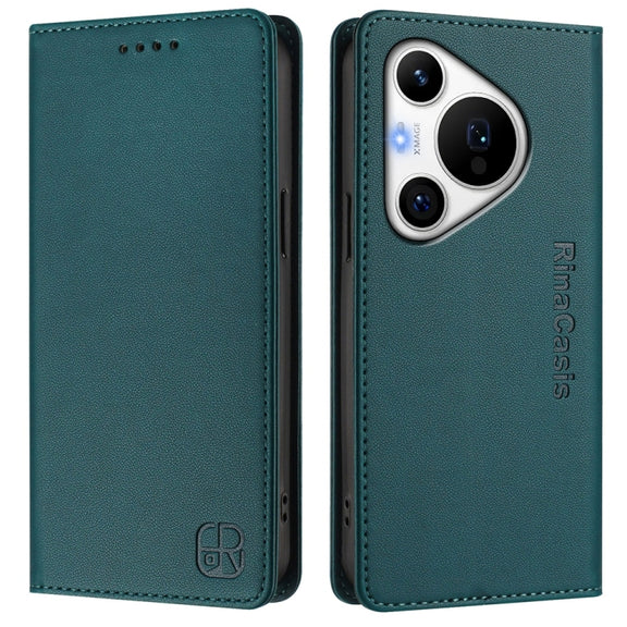 For Huawei Pura 70 Pro / Pura 70 Pro+ RC01 Dual-Folded Magnetic Suction RFID Leather Phone Case(Dark Green)