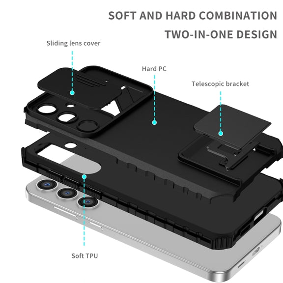 For Samsung Galaxy S25+ 5G Stereoscopic Holder Sliding Camshield Phone Case(Black)