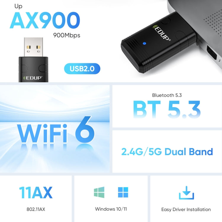 EDUP EP-AX910 900Mbps WiFi 6 Bluetooth 5.3 USB WiFi Adapter Dual-Band Wireless Network Card(Black) - free shipping - PMC Jewellery - Order now!