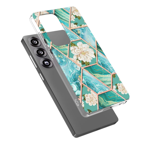 For Samsung Galaxy S25 Ultra 5G Splicing Marble Flower IMD TPU Phone Case(Blue Flower)