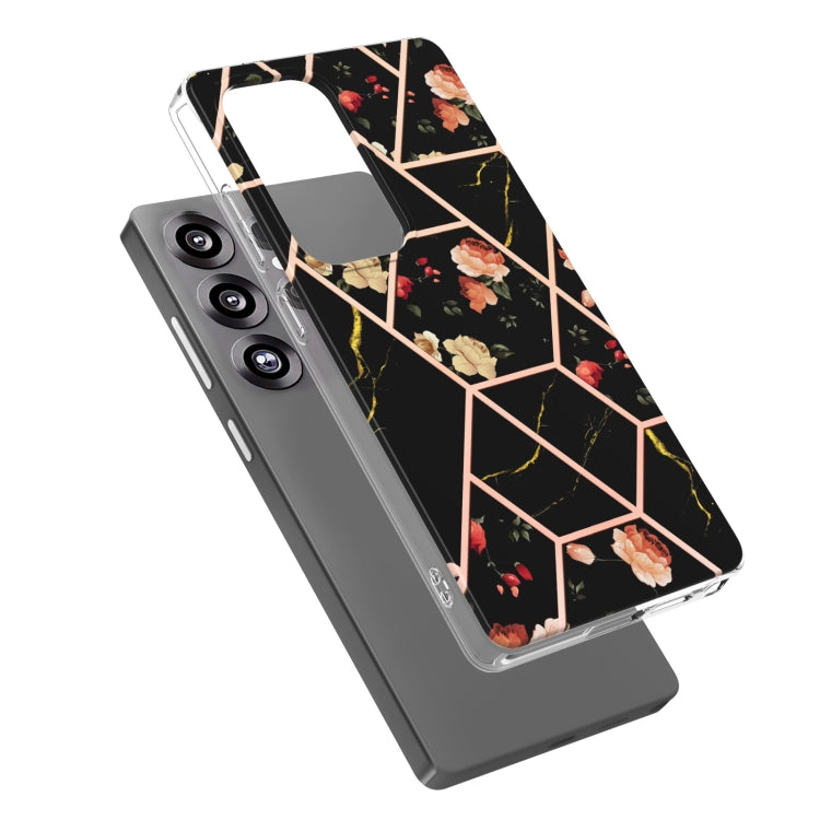 For Samsung Galaxy S25 Ultra 5G Splicing Marble Flower IMD TPU Phone Case(Black Flower)
