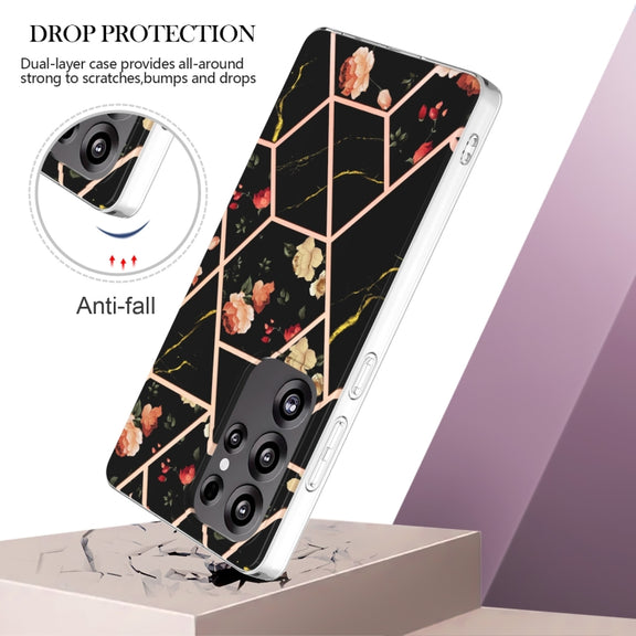 For Samsung Galaxy S25 Ultra 5G Splicing Marble Flower IMD TPU Phone Case(Black Flower)