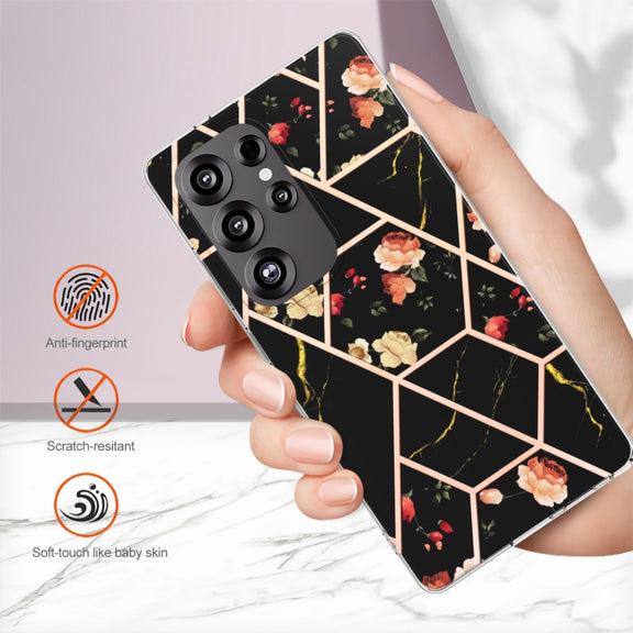 For Samsung Galaxy S25 Ultra 5G Splicing Marble Flower IMD TPU Phone Case(Black Flower)