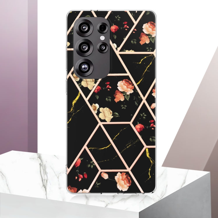 For Samsung Galaxy S25 Ultra 5G Splicing Marble Flower IMD TPU Phone Case(Black Flower) - Galaxy S25 Ultra 5G Cases by PMC TechLife | Online Shopping South Africa | PMC TechLife | Buy Now Pay Later Mobicred