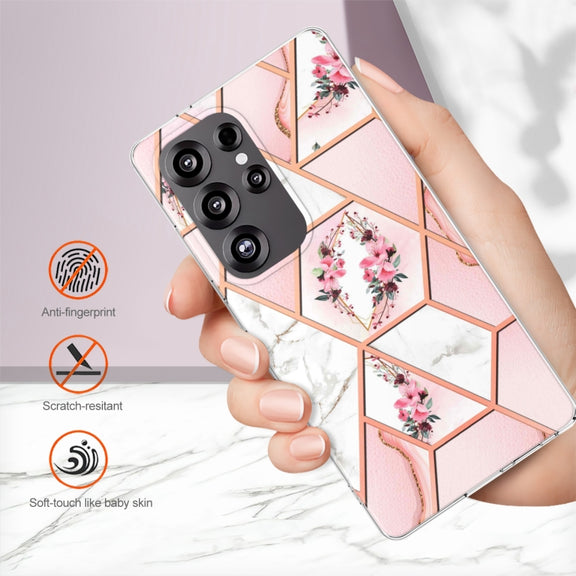 For Samsung Galaxy S25 Ultra 5G Splicing Marble Flower IMD TPU Phone Case(Pink Flower)