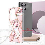 For Samsung Galaxy S25 Ultra 5G Splicing Marble Flower IMD TPU Phone Case(Pink Flower)