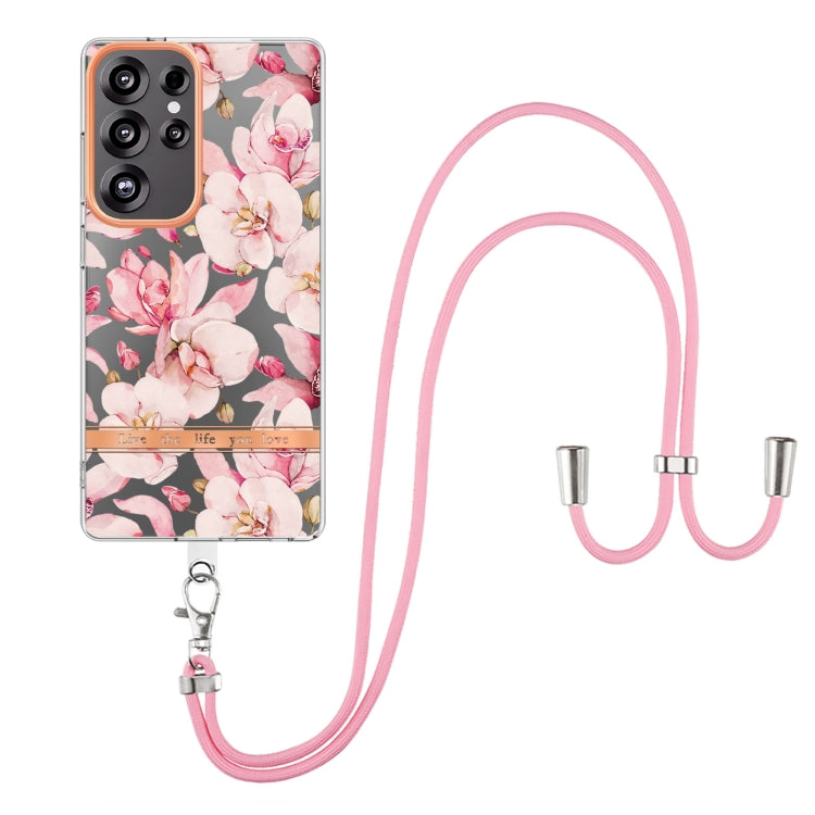 For Samsung Galaxy S25 Ultra 5G Flowers and Plants Series IMD TPU Phone Case with Lanyard(Pink Gardenia) - Galaxy S25 Ultra 5G Cases by PMC Jewellery | Online Shopping South Africa | PMC Jewellery | Buy Now Pay Later Mobicred