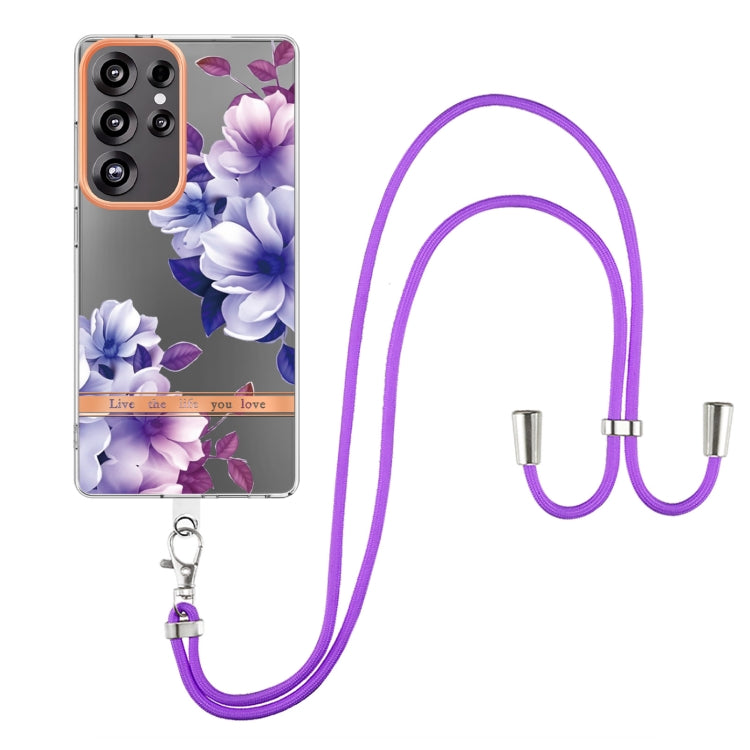 For Samsung Galaxy S25 Ultra 5G Flowers and Plants Series IMD TPU Phone Case with Lanyard(Purple Begonia) - Galaxy S25 Ultra 5G Cases by PMC Jewellery | Online Shopping South Africa | PMC Jewellery | Buy Now Pay Later Mobicred