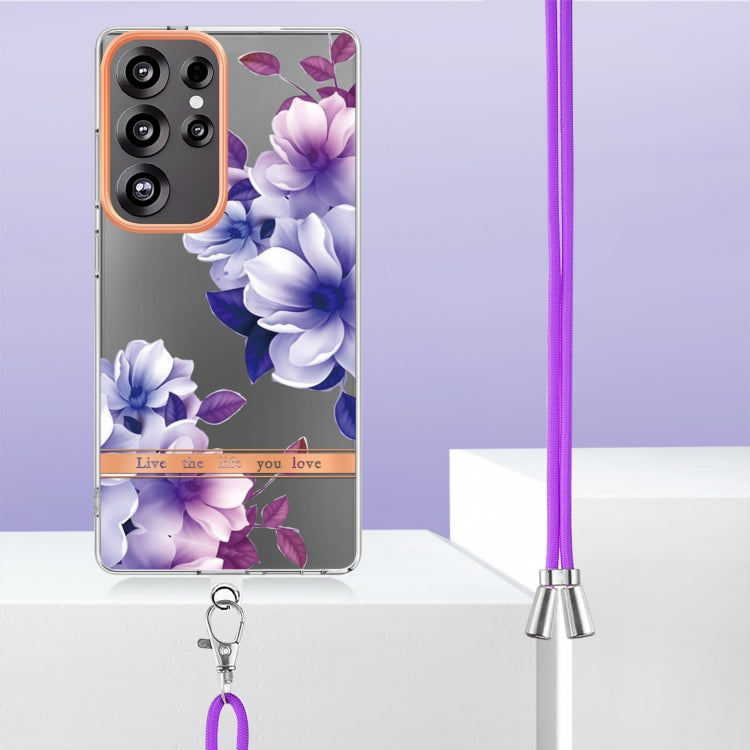 For Samsung Galaxy S25 Ultra 5G Flowers and Plants Series IMD TPU Phone Case with Lanyard(Purple Begonia) - Galaxy S25 Ultra 5G Cases by PMC Jewellery | Online Shopping South Africa | PMC Jewellery | Buy Now Pay Later Mobicred