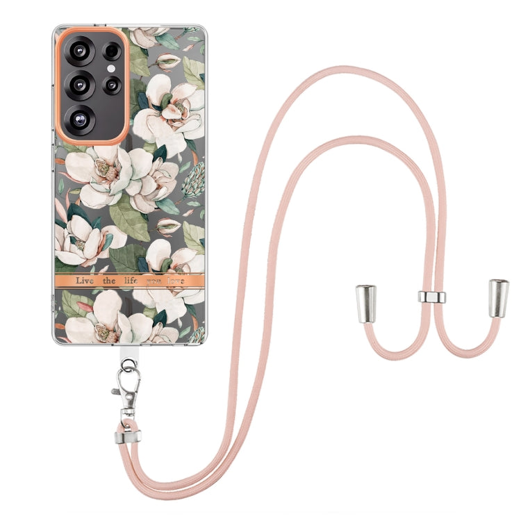 For Samsung Galaxy S25 Ultra 5G Flowers and Plants Series IMD TPU Phone Case with Lanyard(Green Gardenia) - Galaxy S25 Ultra 5G Cases by PMC Jewellery | Online Shopping South Africa | PMC Jewellery | Buy Now Pay Later Mobicred