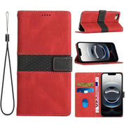 For iPhone 16e Grid Stitching Leather Phone Case with Lanyard(Red)
