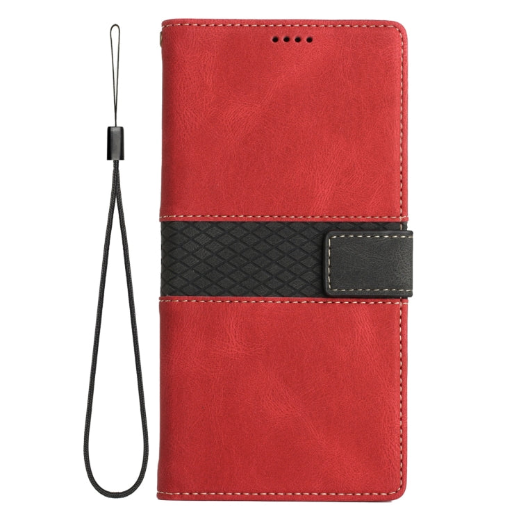 For iPhone 16e Grid Stitching Leather Phone Case with Lanyard(Red)