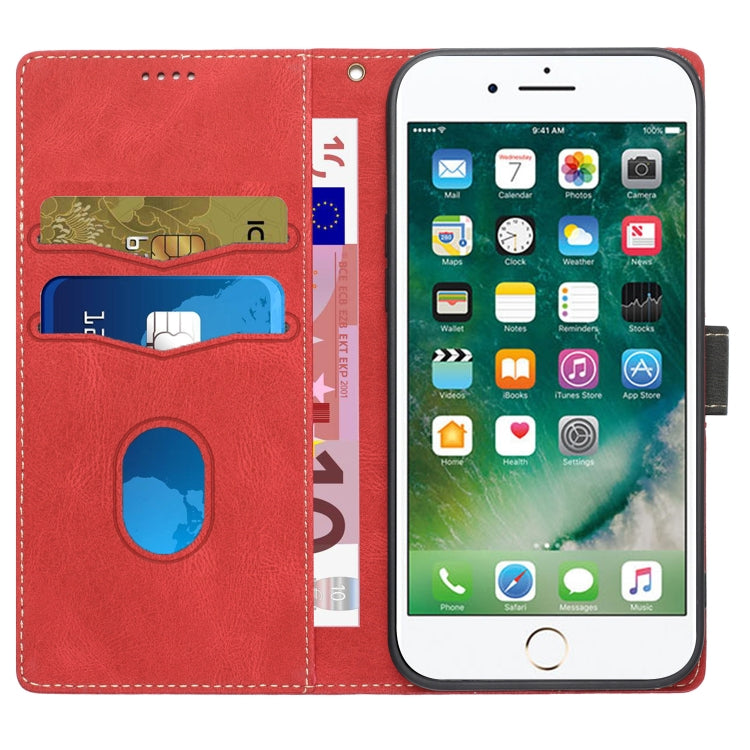 For iPhone 16e Grid Stitching Leather Phone Case with Lanyard(Red)