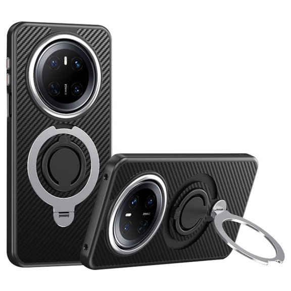 For Huawei Mate 70 Carbon Fiber MagSafe Phone Case with 360 Degree Rotating Holder(Black Silver)